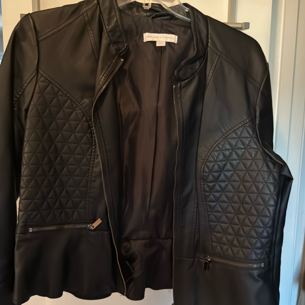 New york and company faux leather peplum jacket. I no longer wear.  Black